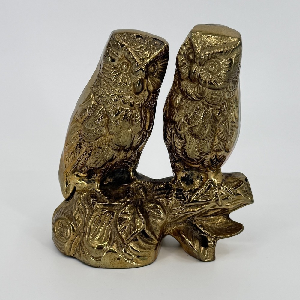 Solid Brass Owl Figurine Sculpture Gold Double Owls on Branch Made in India Art